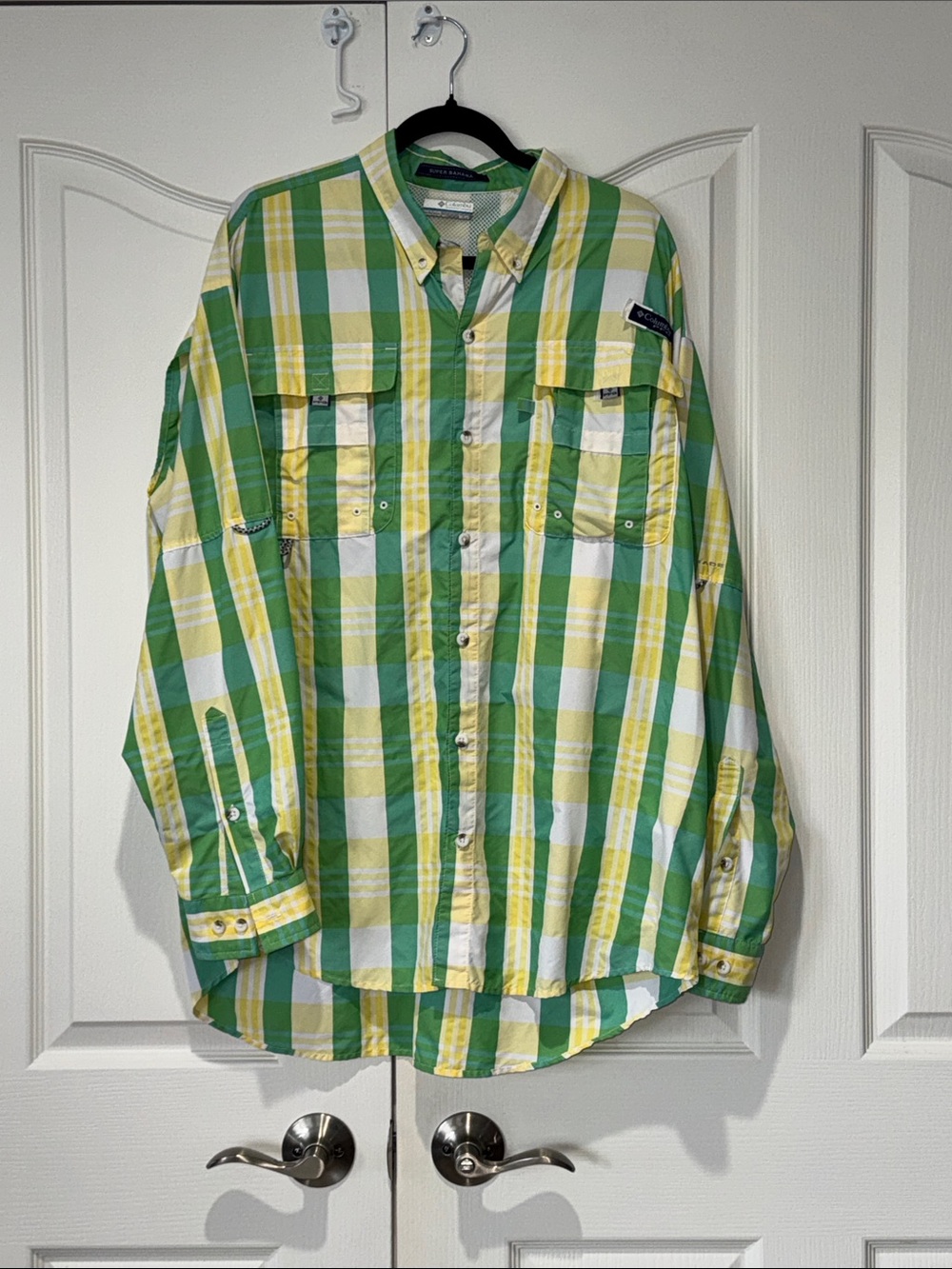 Columbia PFG Super Bahama Short Sleeve Fishing Shirt Plaid Green Yellow Men's XL